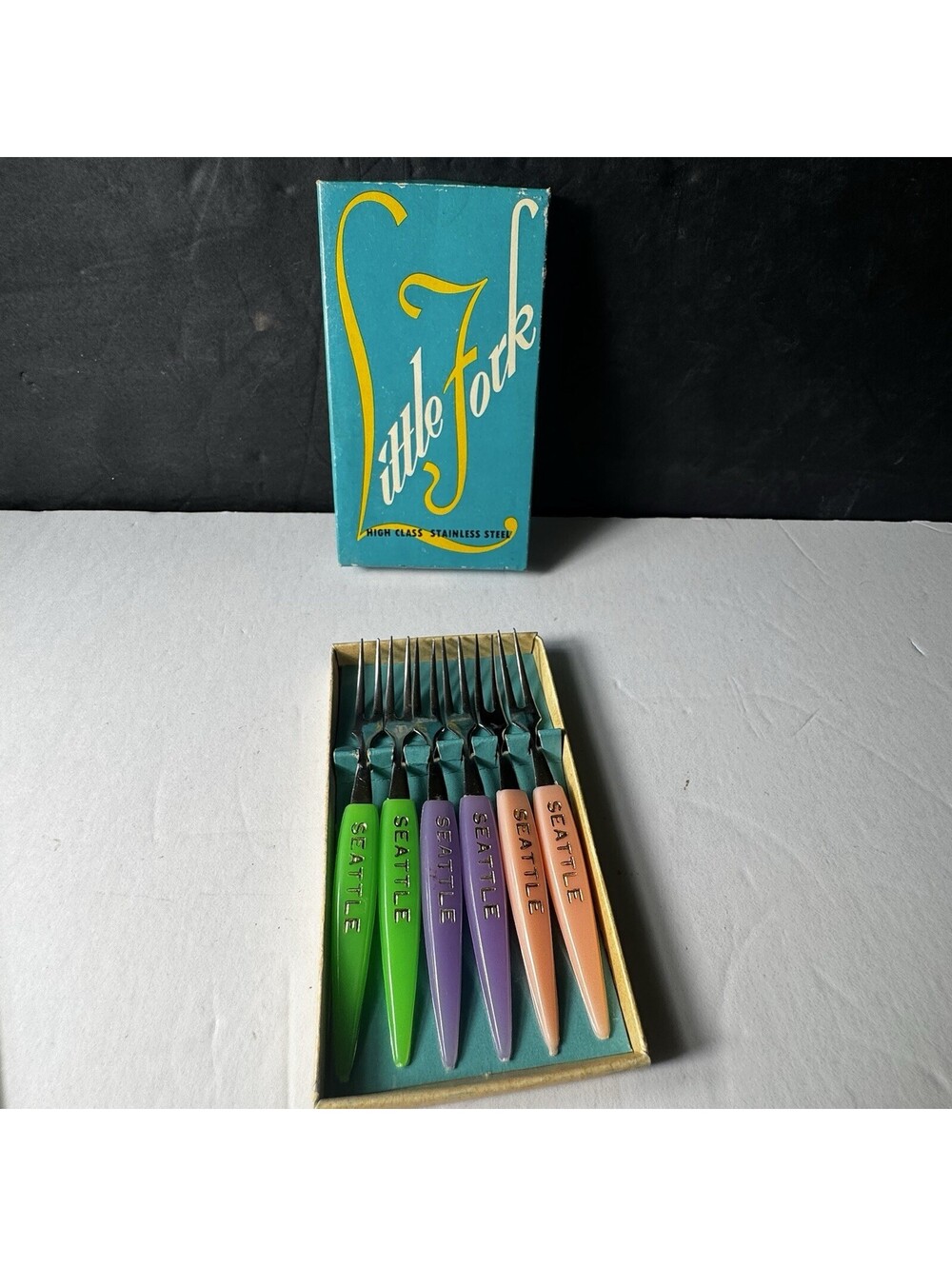 Vintage Seattle Souvenir Cocktail Appetizer Fork Set of 6 Original Box Japan